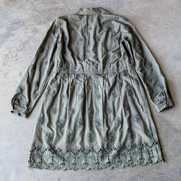 Diane Von Furstenberg Olive Green Floral Embroidered Long Sleeve Shirt Dress